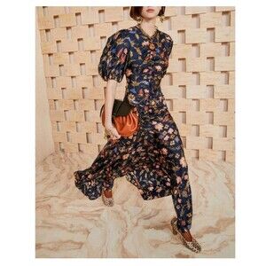 ULLA JOHNSON Heleen Puff-Sleeve Long Silk Dress Size 0 Navy Navy Blue NEW Floral
